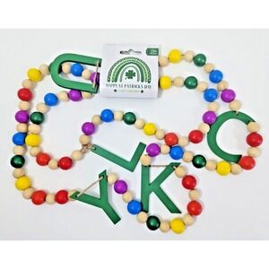 St Patricks Day LUCKY Wood Garland Green Rainbow Colored Beads 72" Irish NEW